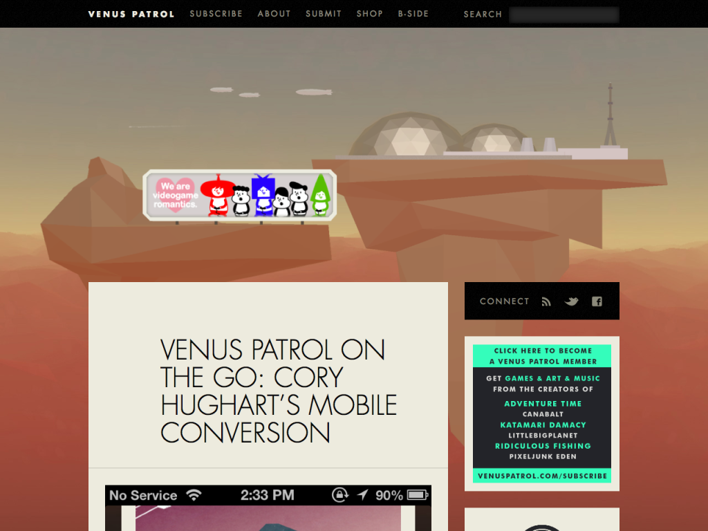 Screenshot of venuspatrol.com on desktop displaying a blog post titled "Venus Patrol on the Go: Cory Hughart's Mobile Conversion.