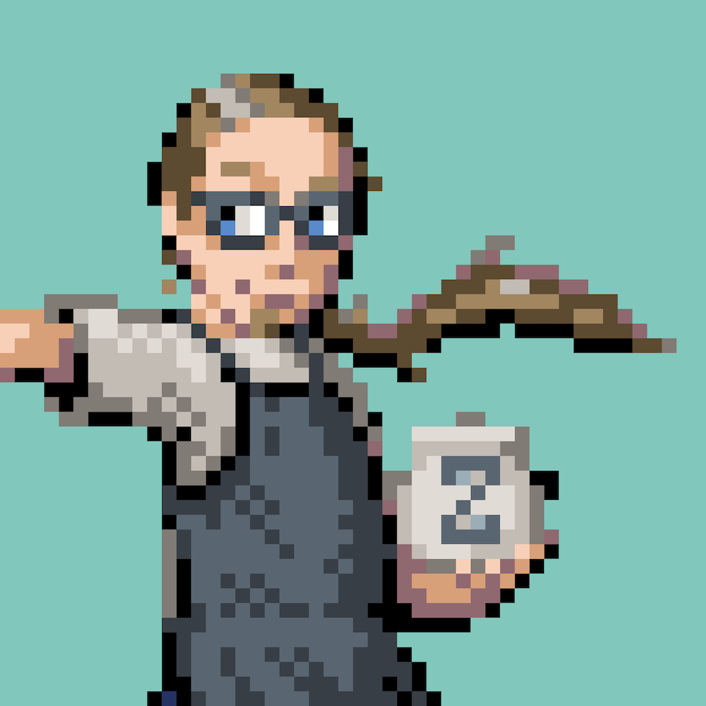 Pixel art of Cory wearing an apron and holding a crock. His bespectacled eyes look off to the left towards an outstretched arm, his ponytail, hair streaked with grey, flutters the opposite way in the wind.