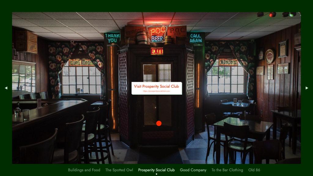 Screenshot of buildings-food.com showing a loading screen before an embedded site loads: a large interior photo of the establishment in the background with a floating centered butting prompting you to visit the site