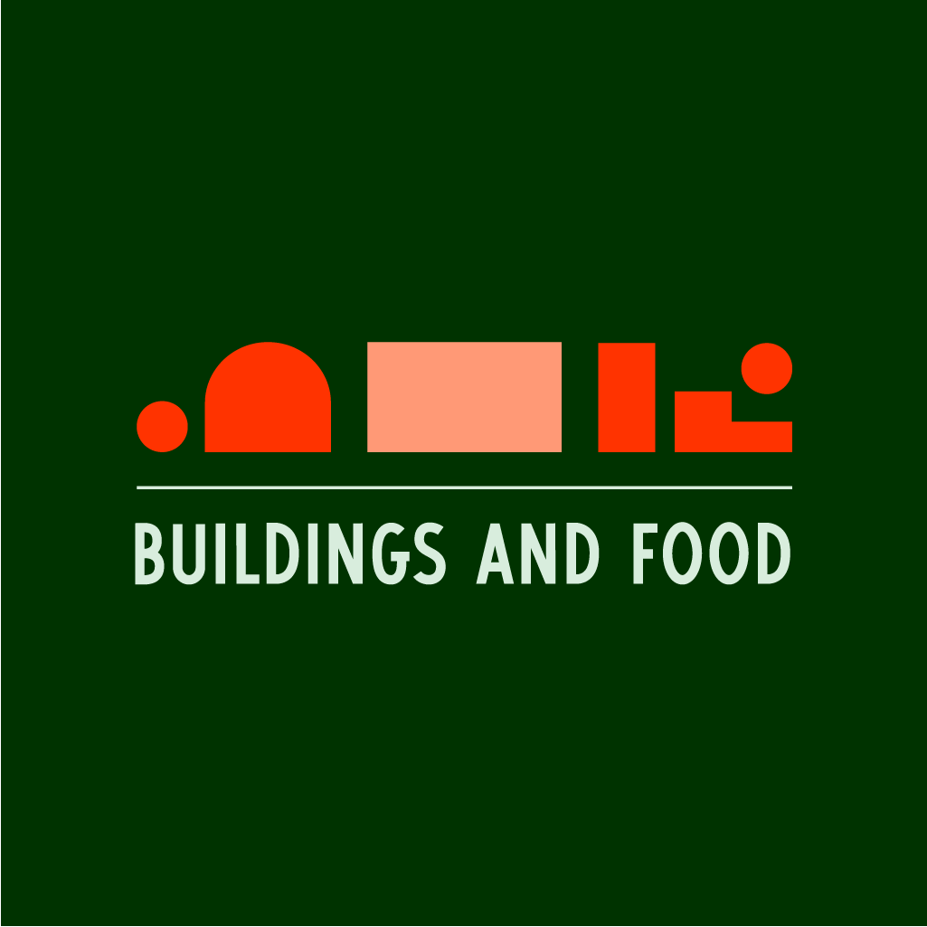 Buildings and Food logo, made of solid color shapes that look like the letter B and F laid on their side with a rectangle inbetween.