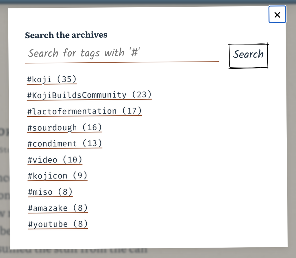 Screenshot of the search function, which opens as a card from the top-right of the screen with a search field and a list of popular tags.