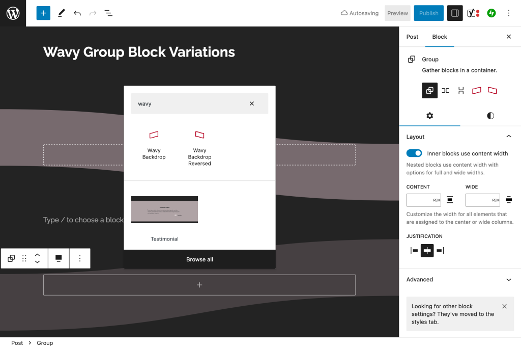 Screenshot of the block editor, demonstrating the wavy group block variations with different custom background colors