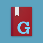 Android app icon for Garner's Modern English Usage, made to look like a red book with a bright blue 'G' on the cover and a white bookmark.