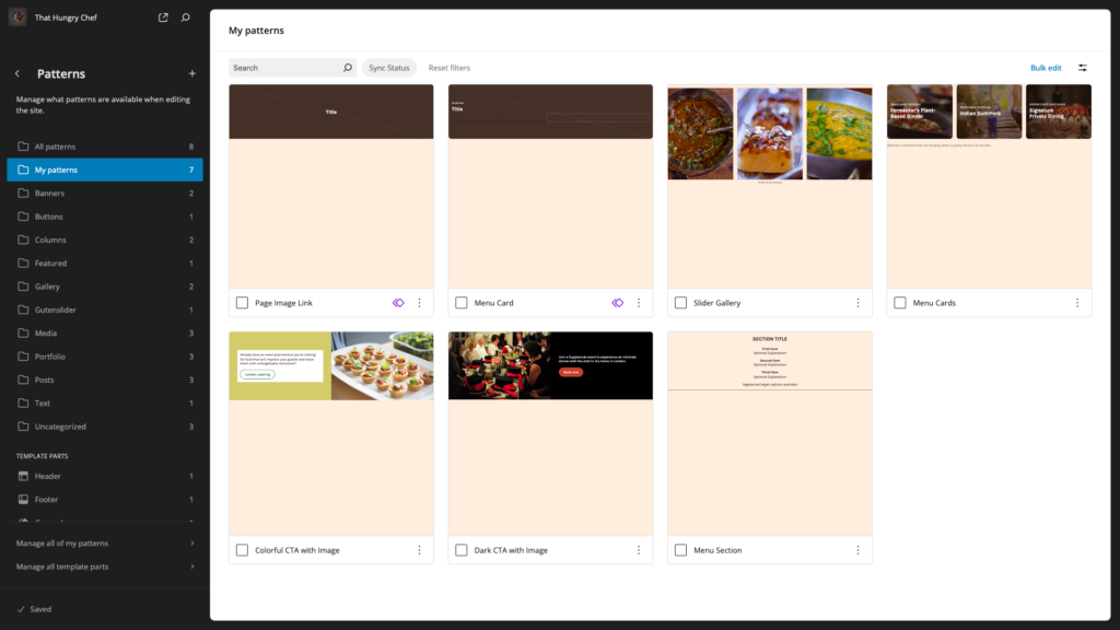 Screenshot of the site editor displaying a grid of custom-built block patterns that serve various purposes across the site: Page Image Link, Menu Card, Slider Gallery, Menu Cards, Colorful CTA with Image, Dark CTA with Image, and Menu Section.