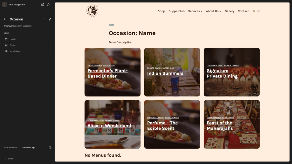 Screenshot of the site editor focused on the taxonomy archive template for "occasions". The template features the name and description of the term with a grid of menus (in the restaurant sense) below.