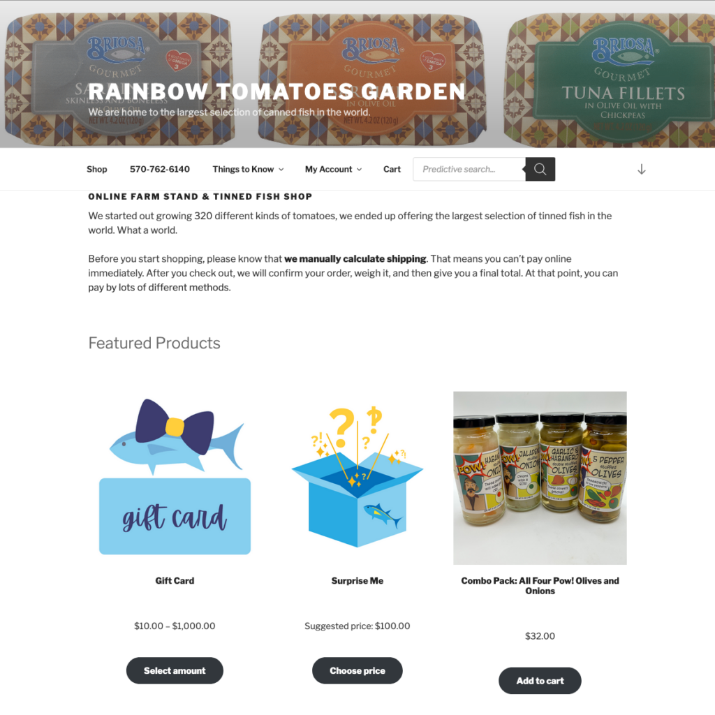 Screenshot of the previous home page: Title and tagline as white text over a slightly-dimmed full-height background image. White background and black sans-serif text. Menu bar with items like "Shop", a phone number, and "Things to Know", as well as a search box.