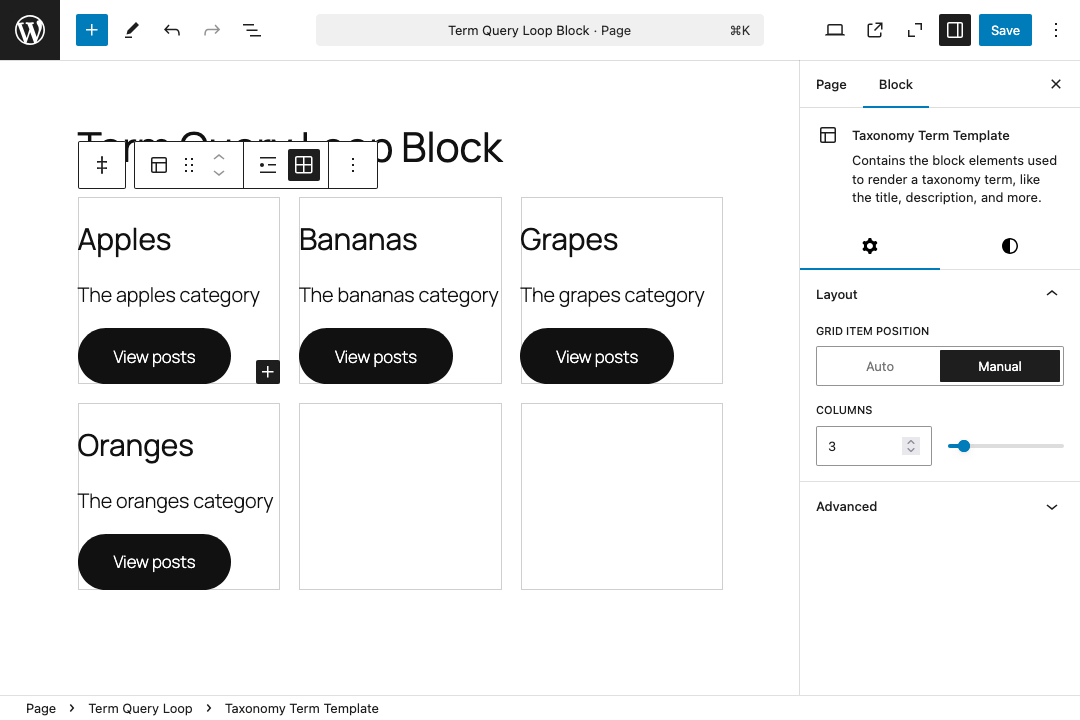 WordPress Block Editor showing Term Query Loop Block with grid layout configuration, displaying 4 fruit categories (Apples, Bananas, Grapes, Oranges) in a 3-column grid with layout controls and taxonomy template settings visible in the sidebar