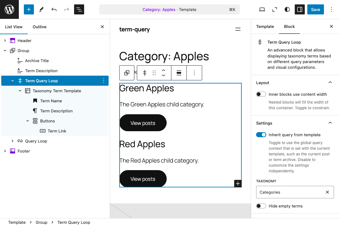 WordPress Block Editor showing Term Query Loop Block displaying hierarchical taxonomy terms with 'Category: Apples' as the main category and child categories 'Green Apples' and 'Red Apples' underneath, demonstrating nested term relationships and query inheritance settings