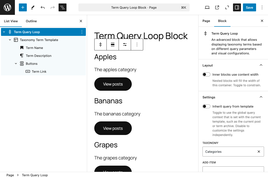 WordPress Block Editor interface showing the Term Query Loop Block in action, displaying a list of category terms including Apples, Bananas, and Grapes with their descriptions and 'View posts' buttons