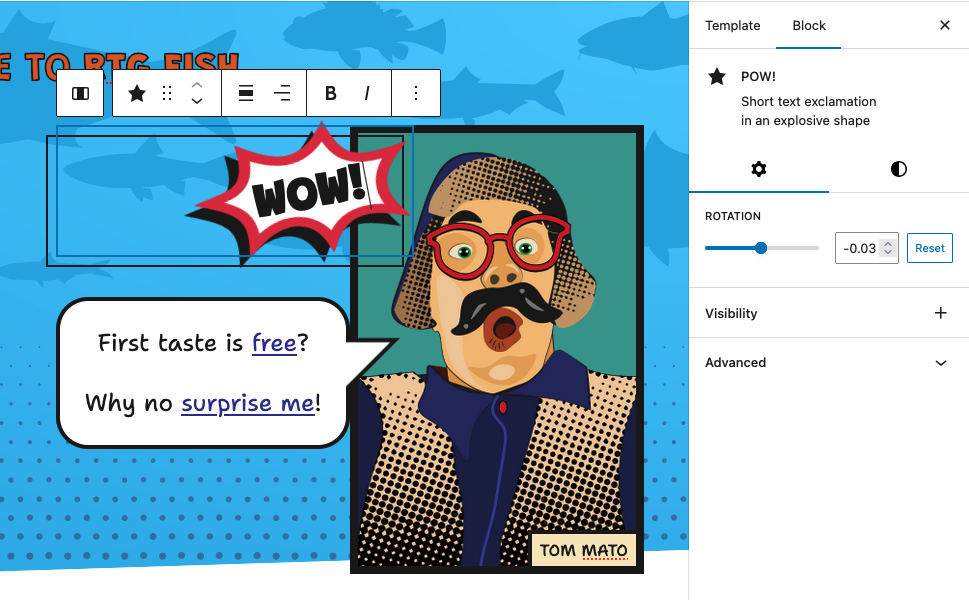 The same layout as before with the "WOW!" sound effect highlighted, showing a settings panel to the right that allows for changing the rotation.