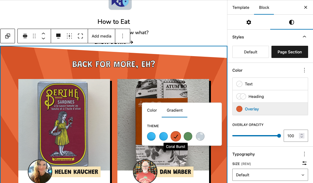 Editor screenshot with a section selected that has an orange-red sunburst pattern. A popup window displays the gradient picker, the one selected is "Coral Burst".