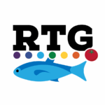 RTG.fish logo, "RTG in large block letters underlined with dots in different rainbow colors ending in a tomato, and a blue fish below