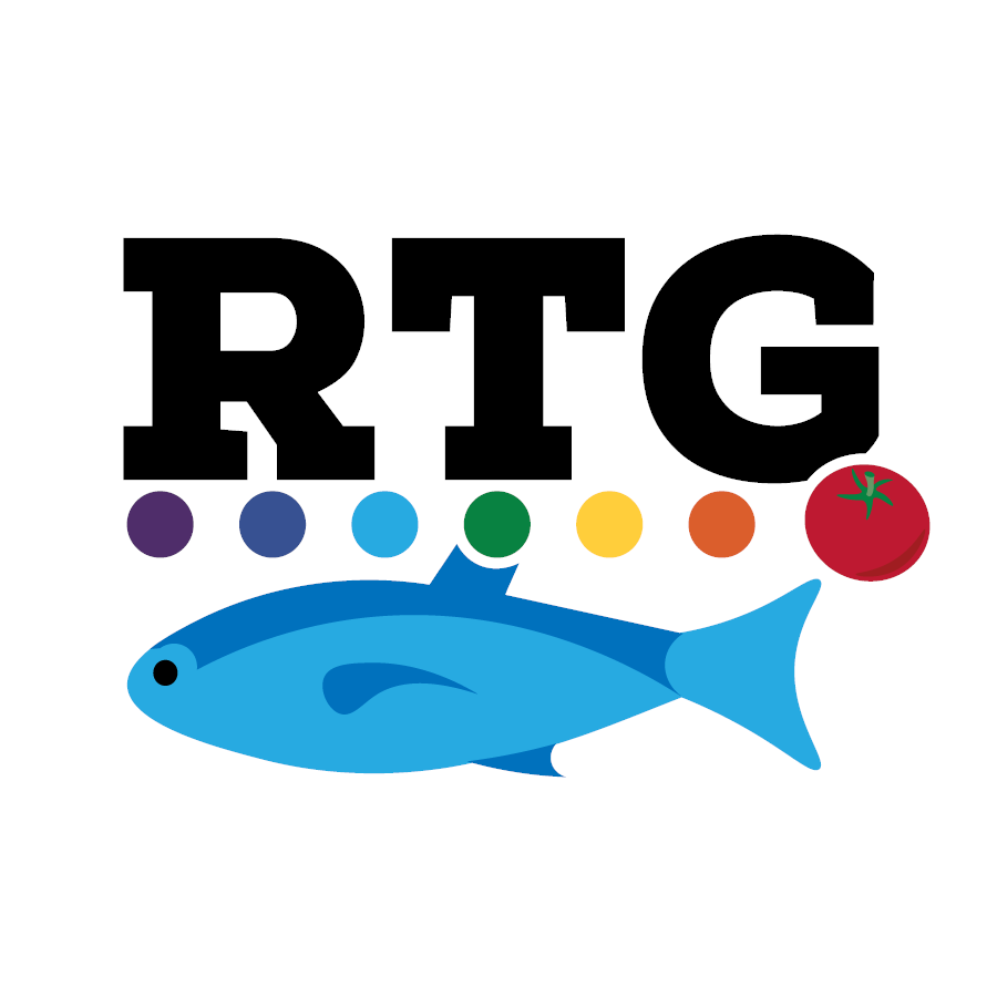 RTG.fish logo, "RTG in large block letters underlined with dots in different rainbow colors ending in a tomato, and a blue fish below