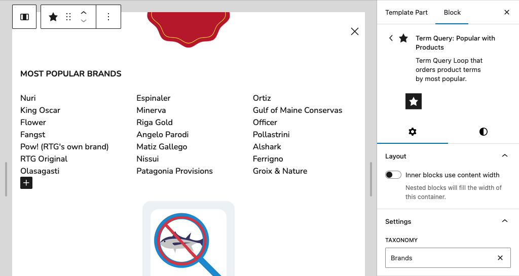 Editor screenshot with the popular brands list in the megamenu selected. The block's description reads: "Term Query: Popular with Products, Term Query Loop that orders product terms by most popular".