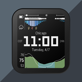 Screenshot of the Crabon Pebble watchface, featuring stylized weather data